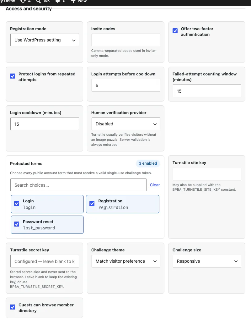Cloudflare Turnstile placement, keys, challenge theme, size, and login protection controls