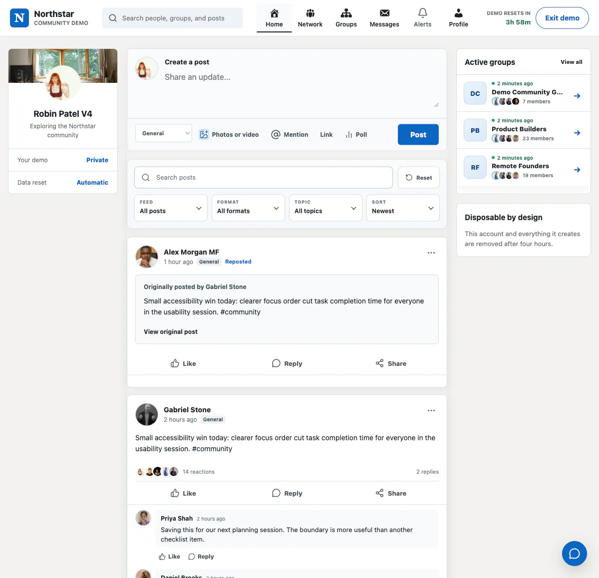Member Discovery interface with filters, active chips, sort controls, and privacy-safe results
