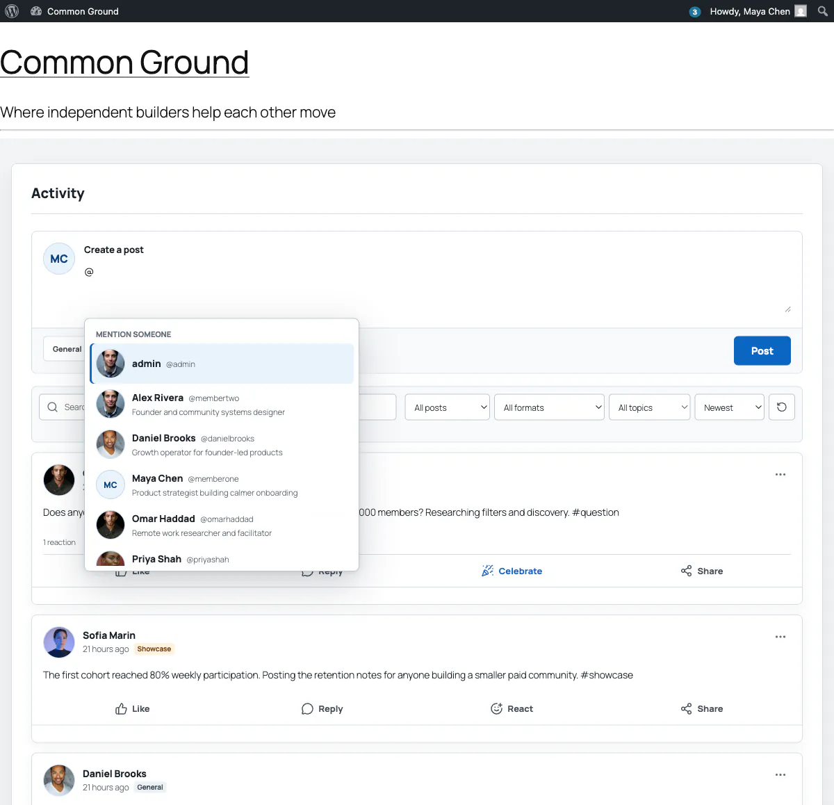 Member mention autocomplete inside the activity composer