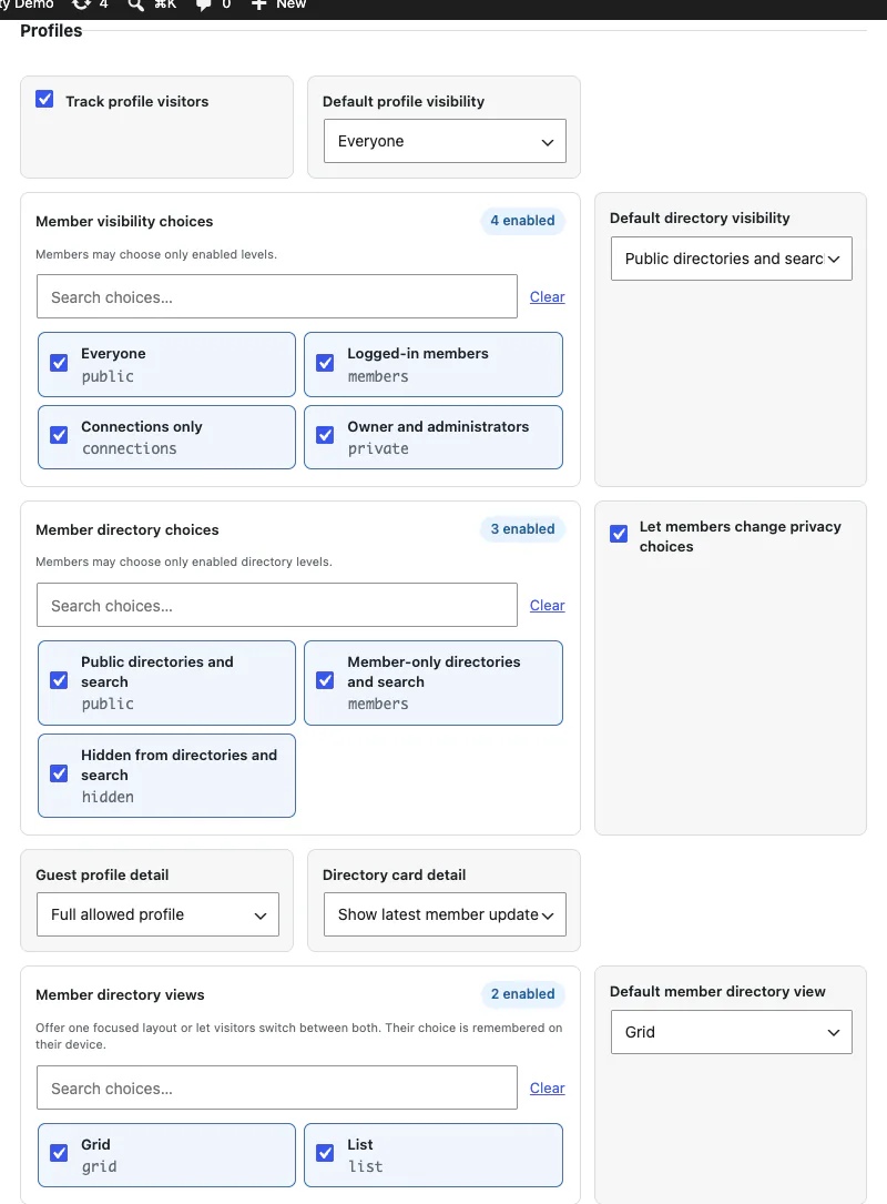Profile visibility, directory discovery, guest detail, and member privacy-choice controls