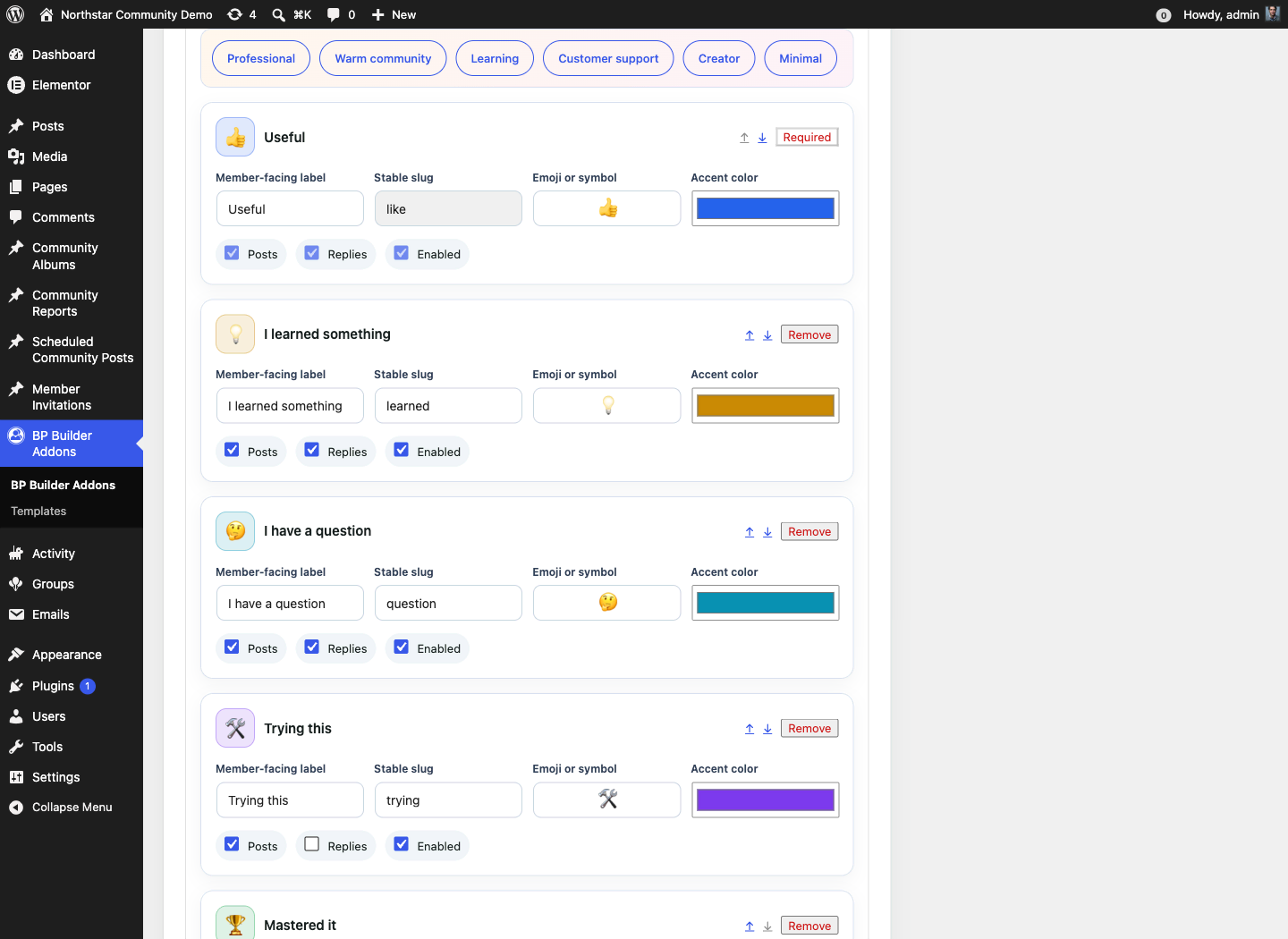 Reaction Palette visual builder with editable reaction labels, icons, colors, and contexts