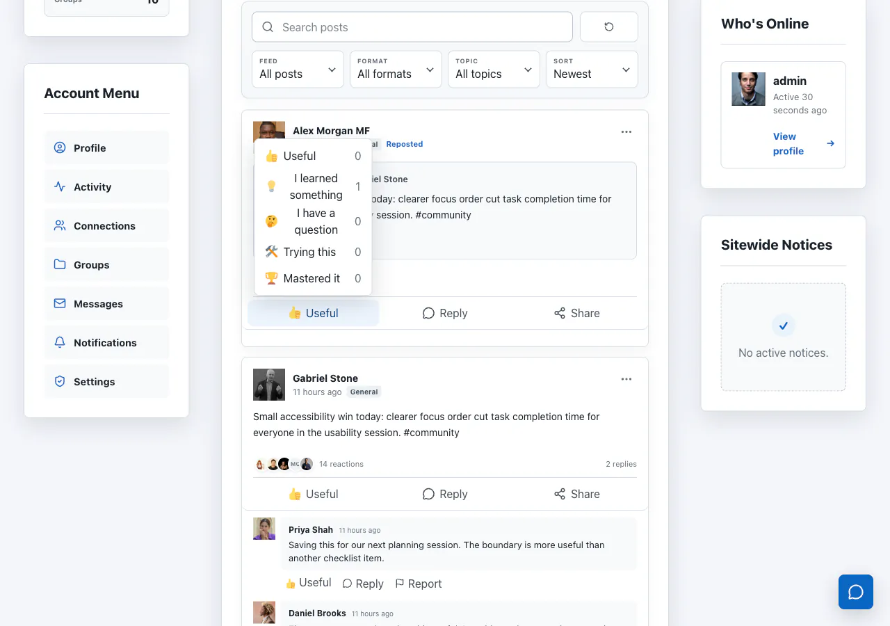 Custom reaction picker and aggregate reaction counts on an activity post