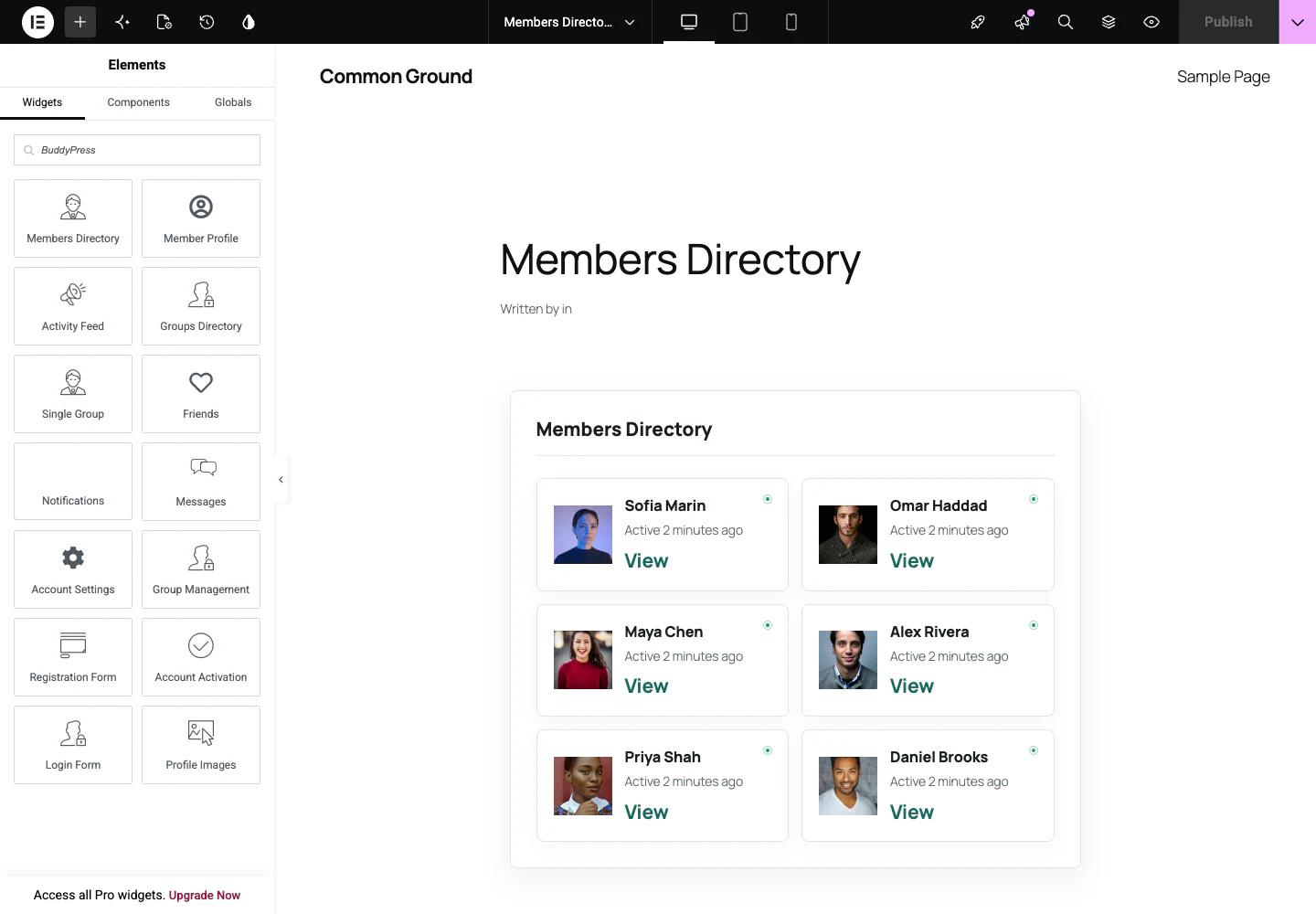 Elementor editor showing all BP Builder Addons widgets and a modern member directory preview
