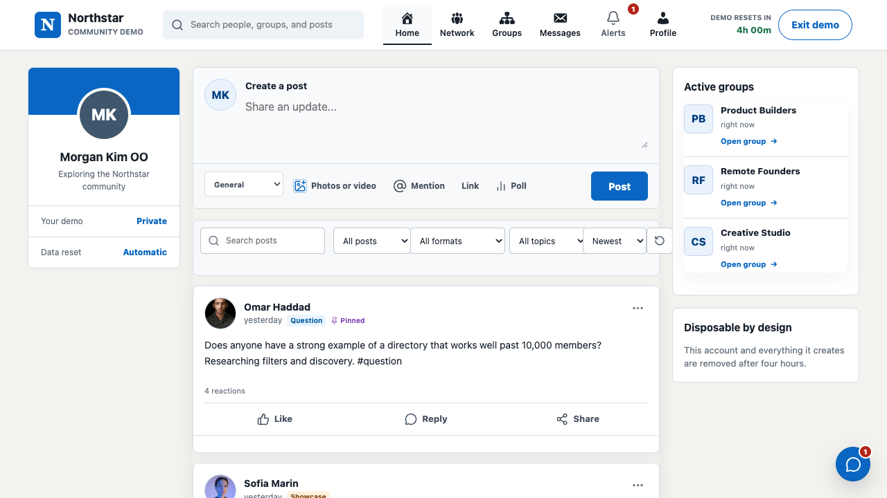 Live activity feed with composer, discovery, and social actions