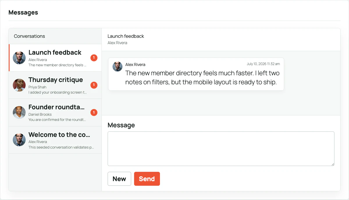 Modern private message inbox rendered by BP Builder Addons