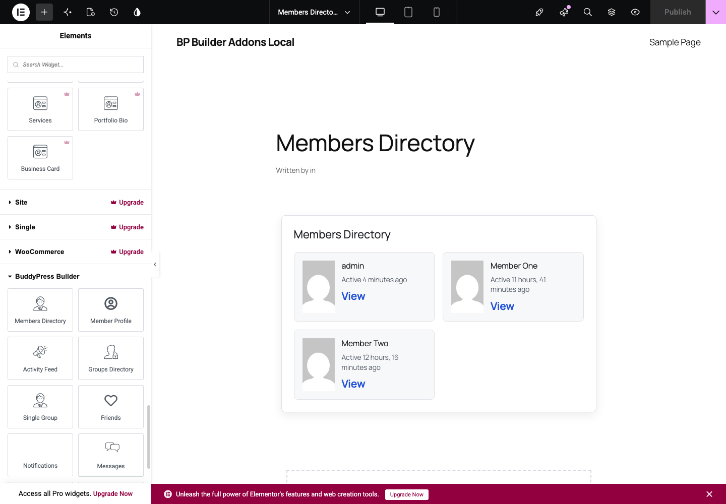 Elementor editor with BuddyPress Builder widgets and a live member directory